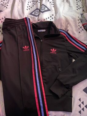 Vintage Adidas Track suit with Pink and Blue Stripes